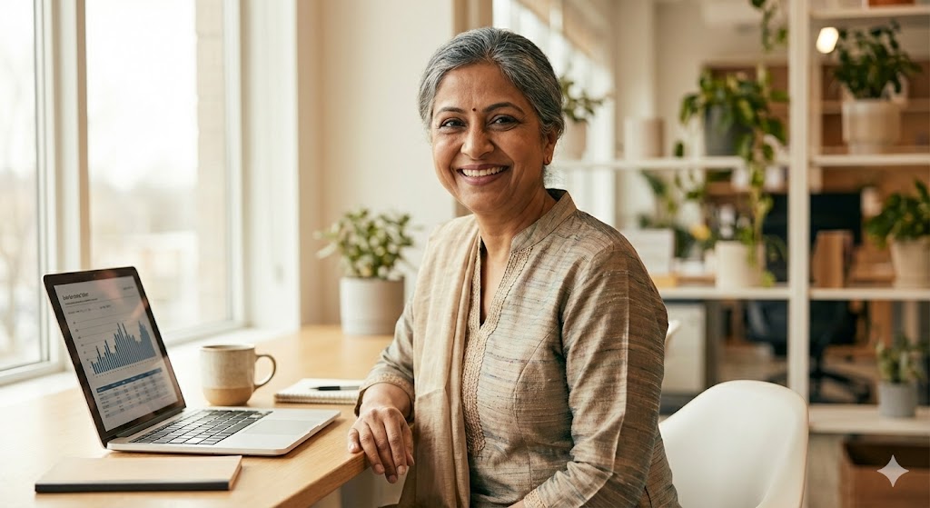 Confident South Asian woman in a modern lifestyle setting